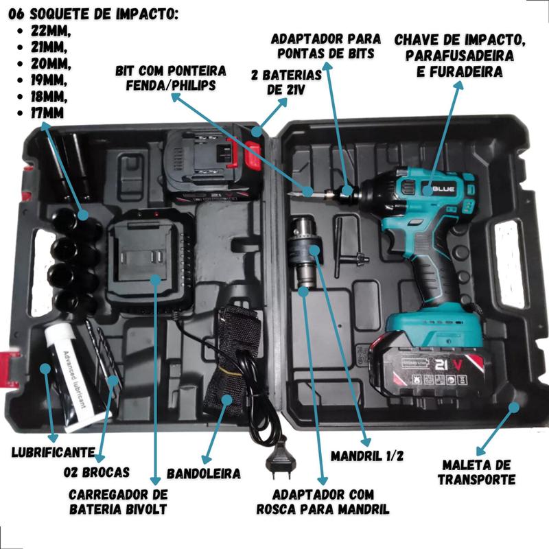 Chave De Impacto Eletrica 2 Baterias 21v Profissional